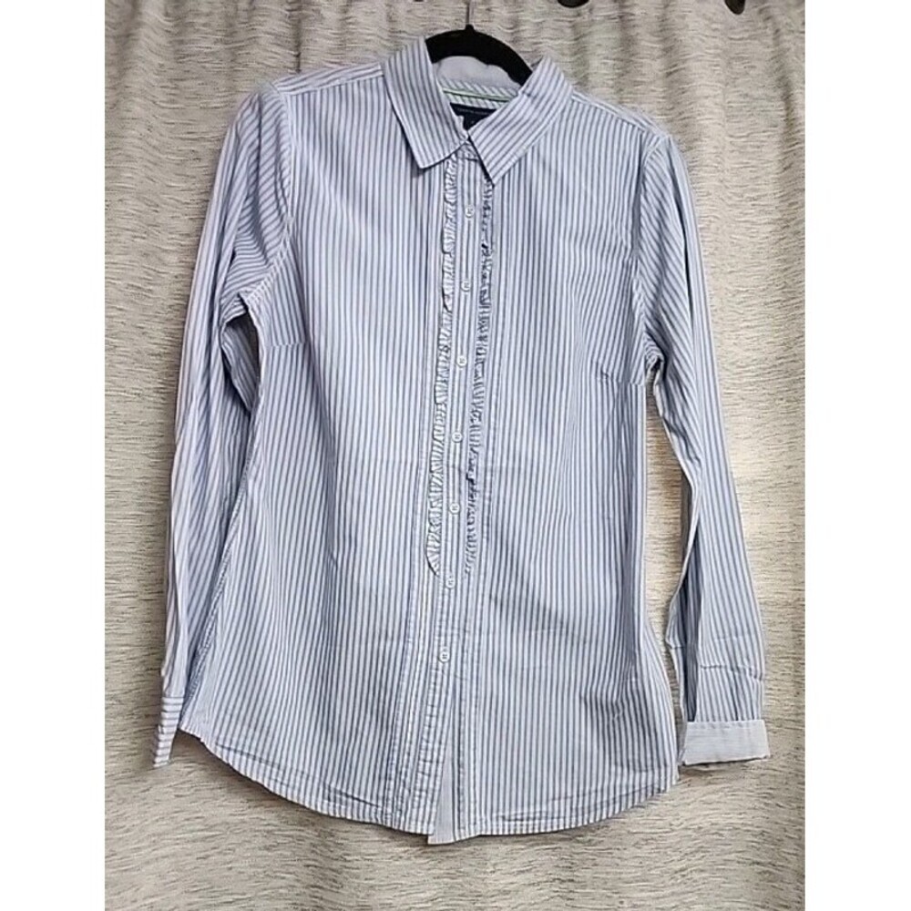 Beautiful Women's Size 12 Tommy Hilfiger White , Blue Ruffles LS Button Blouse